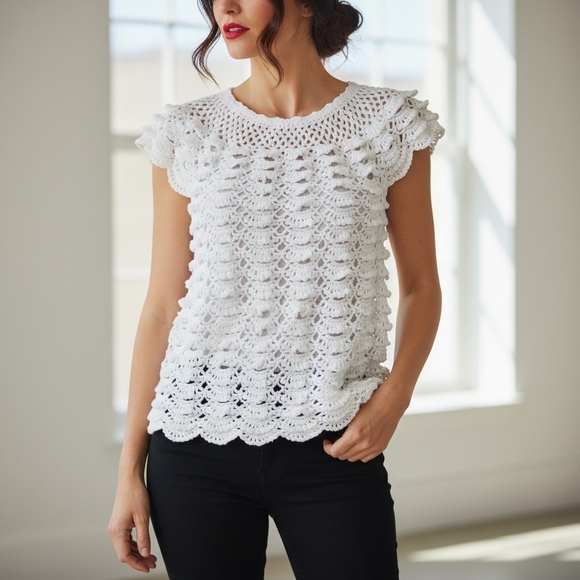 Hand Crafted Tops - Hand made One Of A Kind White cap sleeve Crochet top